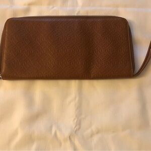 Embossed Leather Zip-Around Wristlet Wallet - Brown